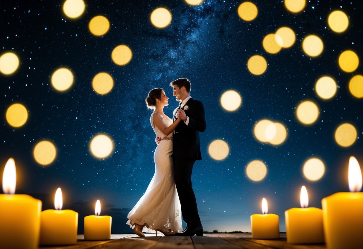A couple dancing under a starry sky, surrounded by candlelight and soft music playing in the background