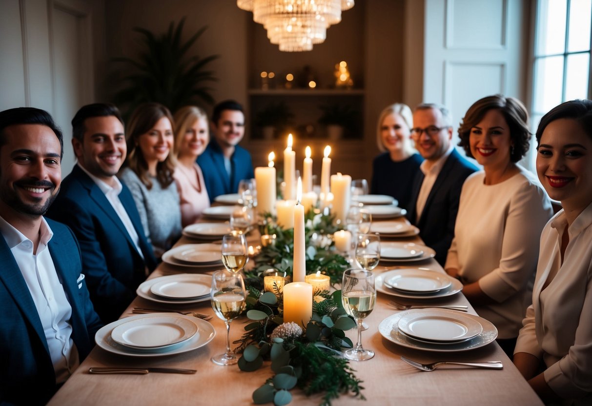 A table set with elegant dinnerware and candles, surrounded by smiling guests in a cozy, dimly lit room