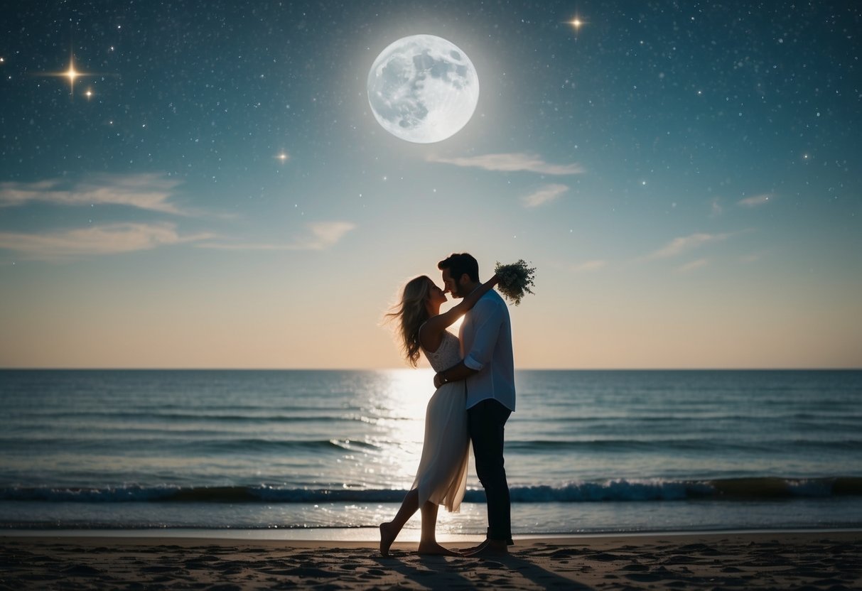 A couple standing on a moonlit beach, surrounded by twinkling stars and a gentle ocean breeze, lost in a passionate embrace