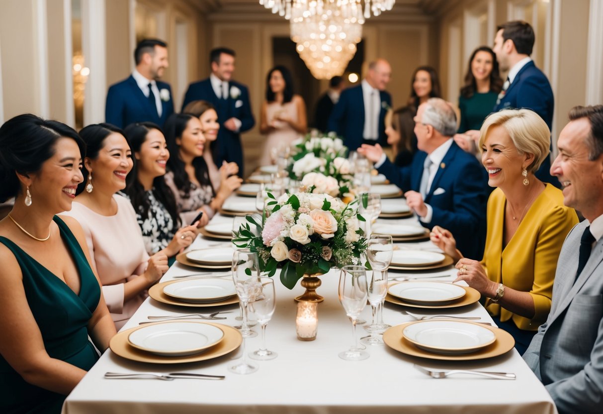 A table set with elegant dinnerware and floral centerpieces, surrounded by happy guests engaged in conversation and laughter