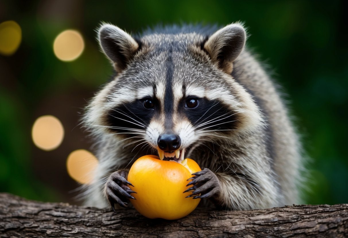 A raccoon bites a piece of fruit, showing sharp teeth and a menacing expression