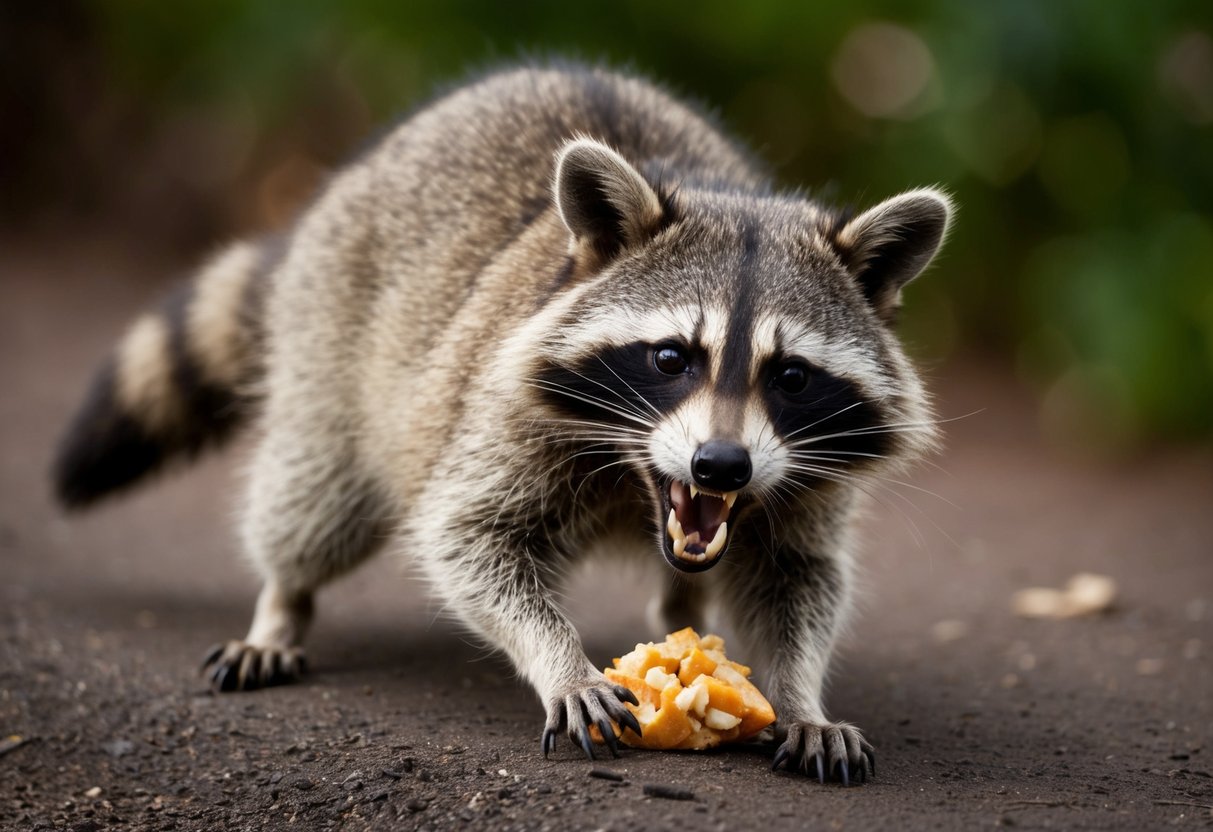 A raccoon with bared teeth lunges forward, biting into a piece of food, its sharp teeth clearly visible