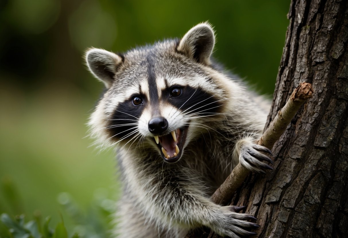 A raccoon bites a tree branch, showing sharp teeth and menacing eyes