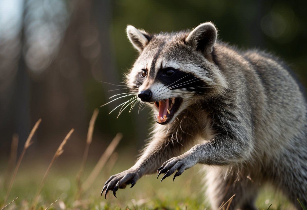 A raccoon with bared teeth lunges towards the viewer, claws extended