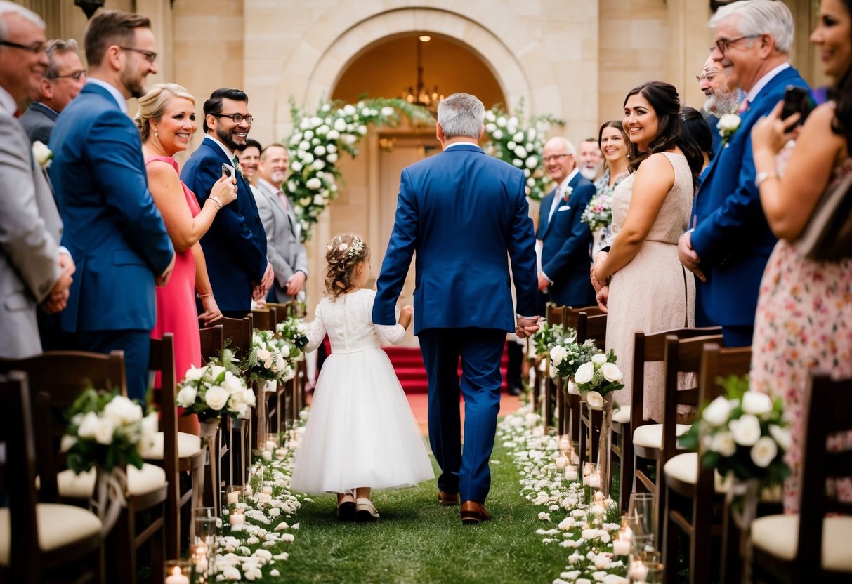 A father and daughter stand at the end of an aisle, surrounded by flowers and smiling faces