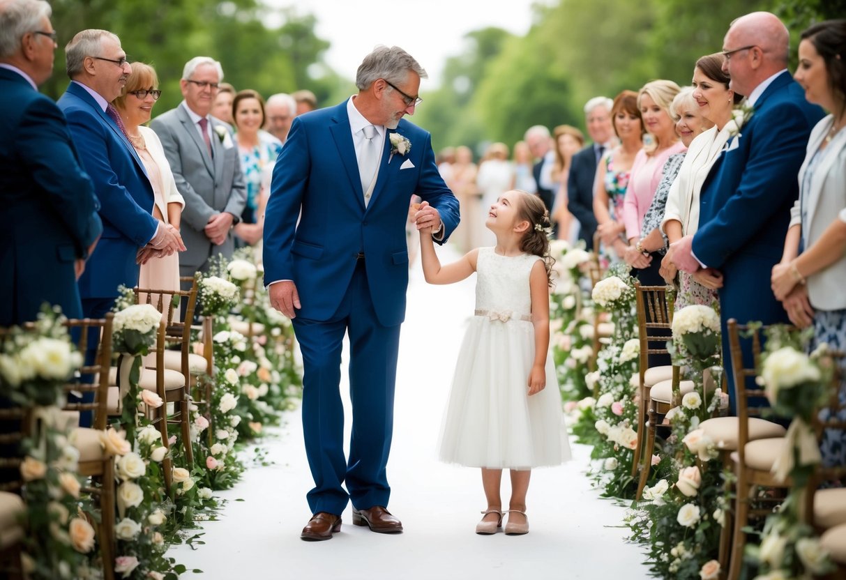 A father and daughter stand at the end of a flower-lined aisle, surrounded by onlookers. The father offers his arm to his daughter, who looks up at him with a mix of joy and sadness