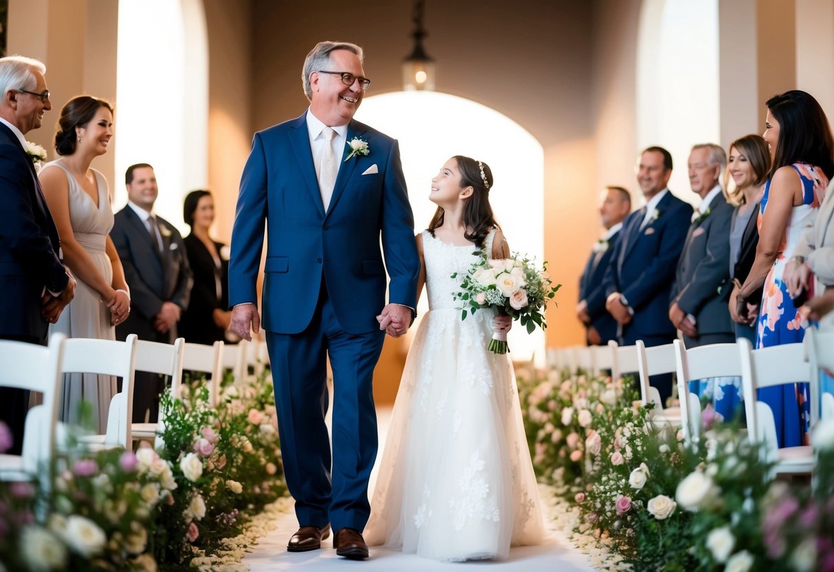 A father and daughter stand at the end of a long aisle, surrounded by flowers and soft light. The daughter looks up at her father, who smiles proudly as they prepare to walk together