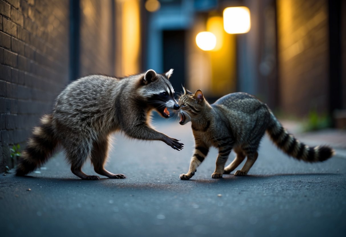 A raccoon lunges at a startled cat, teeth bared, in a dimly lit alleyway
