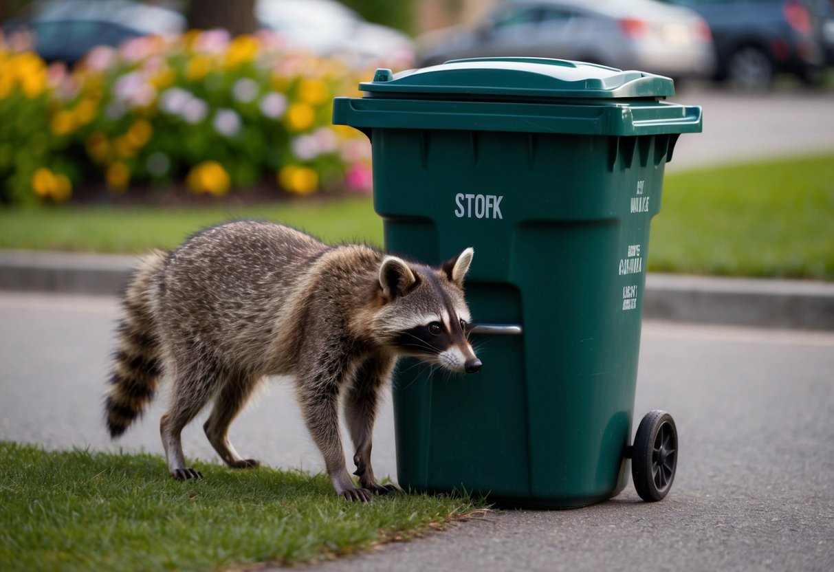 A raccoon cautiously approaches a garbage can, sniffing the air for food