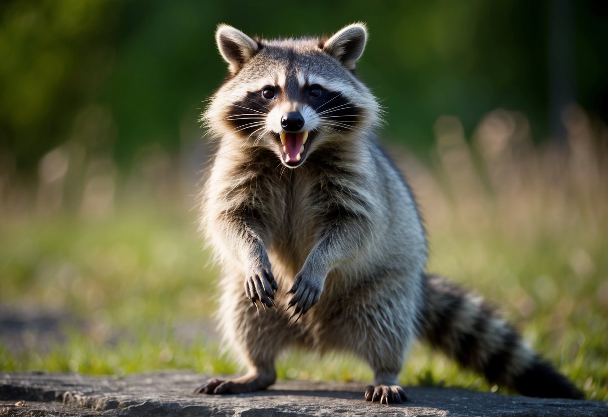 A raccoon stands on its hind legs, baring its teeth aggressively. Its fur is ruffled, and its eyes are fixed on something in the distance