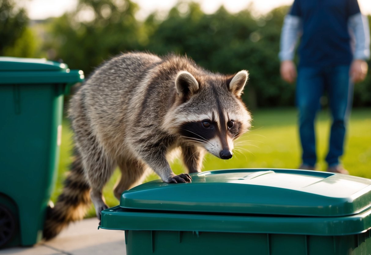 A raccoon cautiously approaching a garbage bin, with a person in the background watching from a safe distance