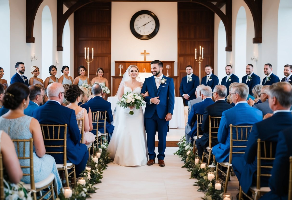 A bride and groom standing at the altar, surrounded by guests seated in rows, with a clock nearby showing 30 minutes passing