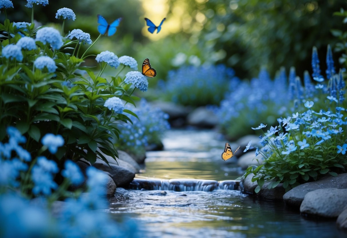 A serene, blue-tinged garden with a flowing stream, adorned with delicate blue flowers and butterflies
