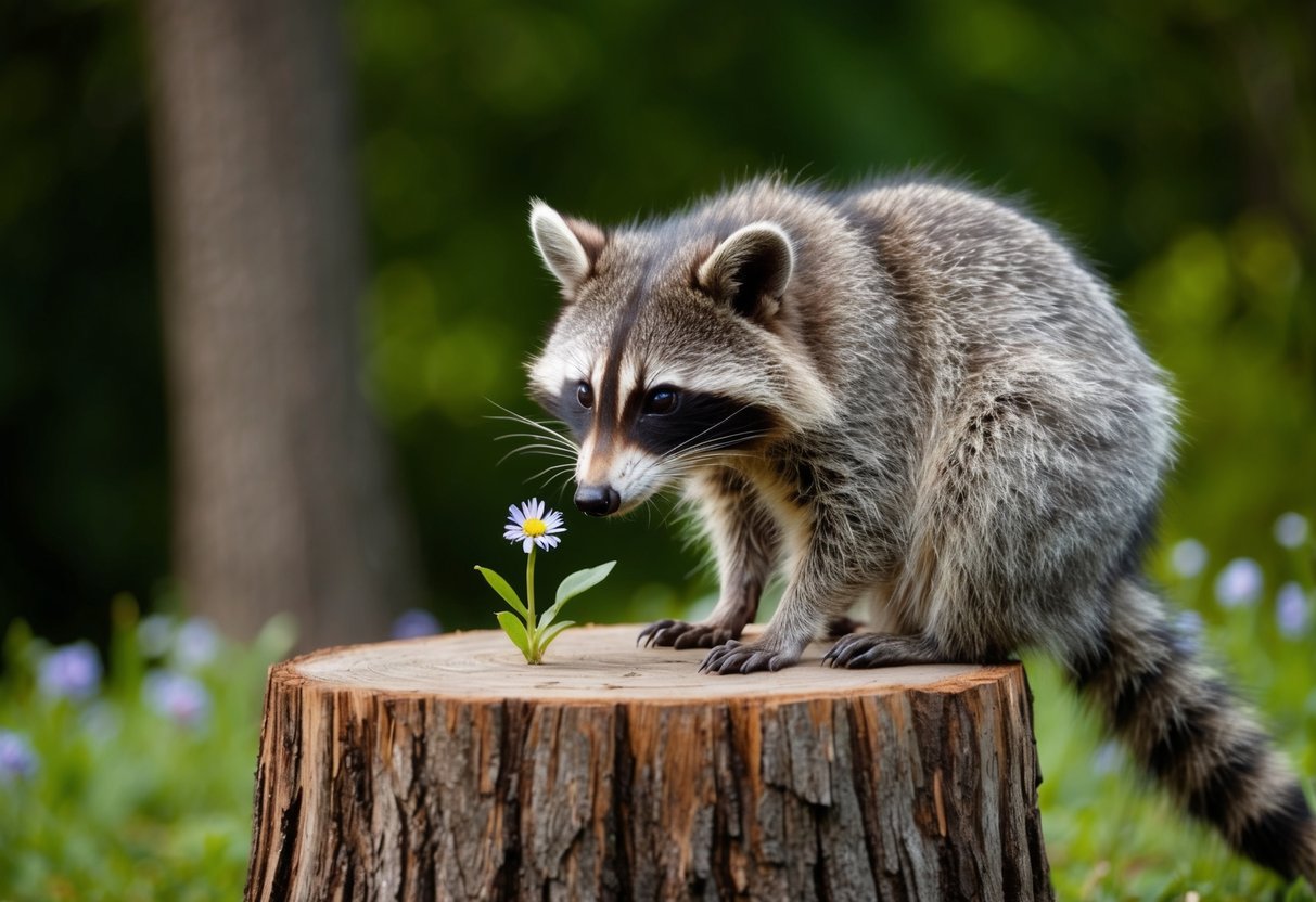 A raccoon sits on a tree stump, its fur fluffy and gray. Its eyes are bright and curious as it sniffs at a small flower