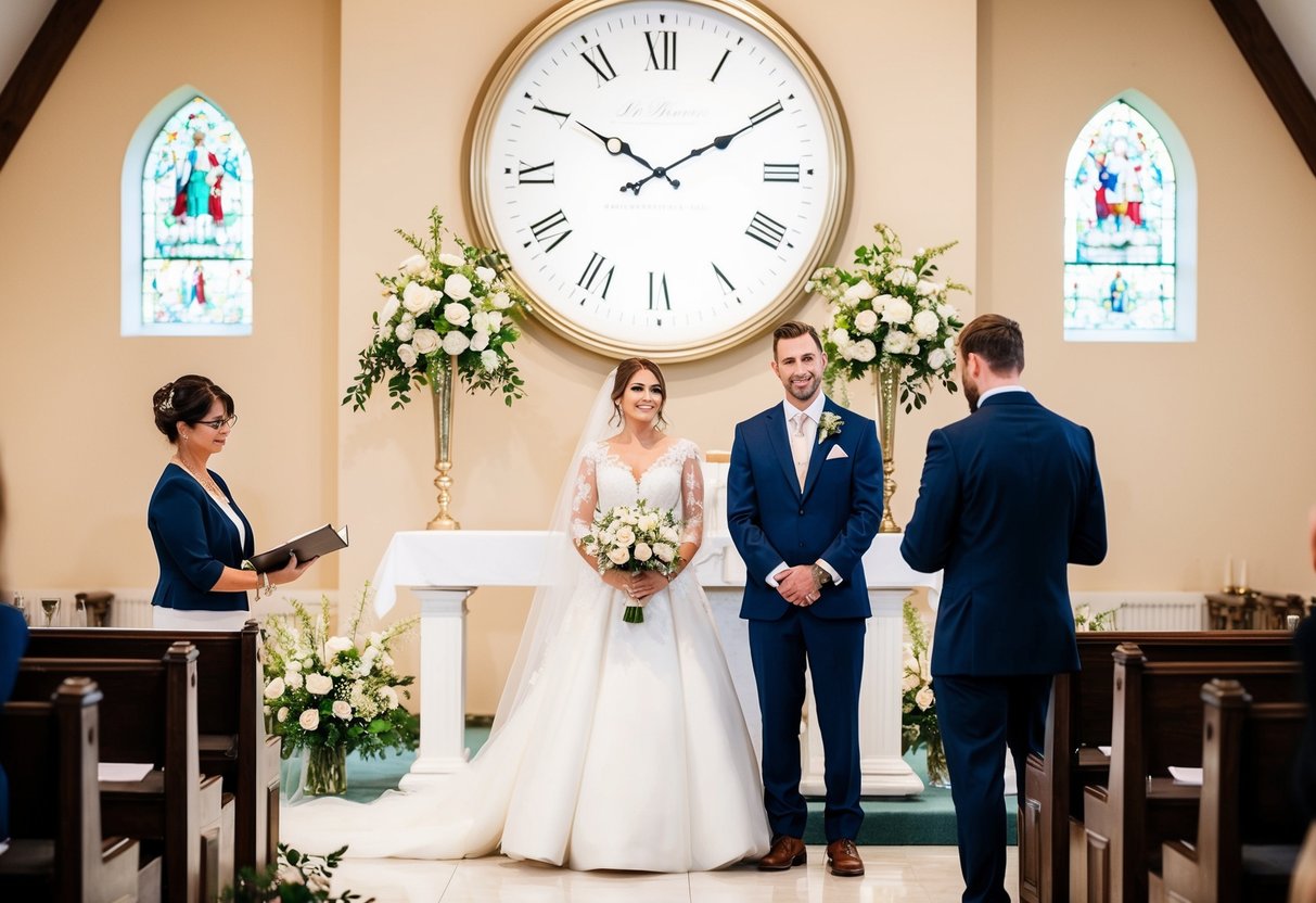 A bride and groom standing at the altar with a clock showing 30 minutes before the ceremony, while a wedding planner checks the time