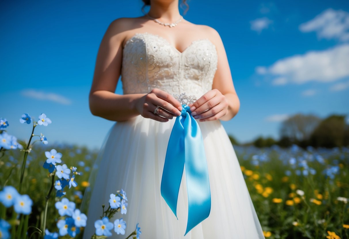 A bride holds a delicate blue ribbon, surrounded by blooming forget-me-nots and a clear blue sky