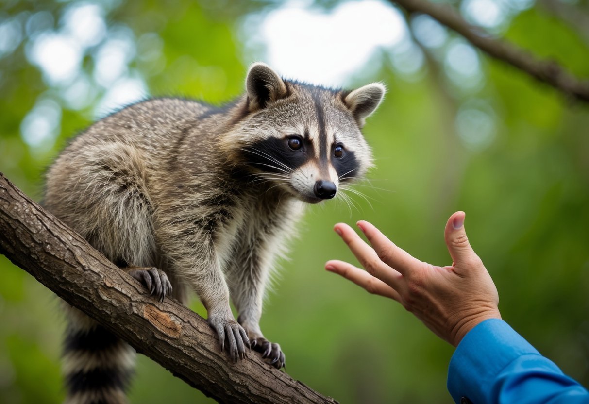 A raccoon sits on a tree branch, looking curiously at a person's outstretched hand. The person hesitates, considering the legal and ethical implications of petting the wild animal