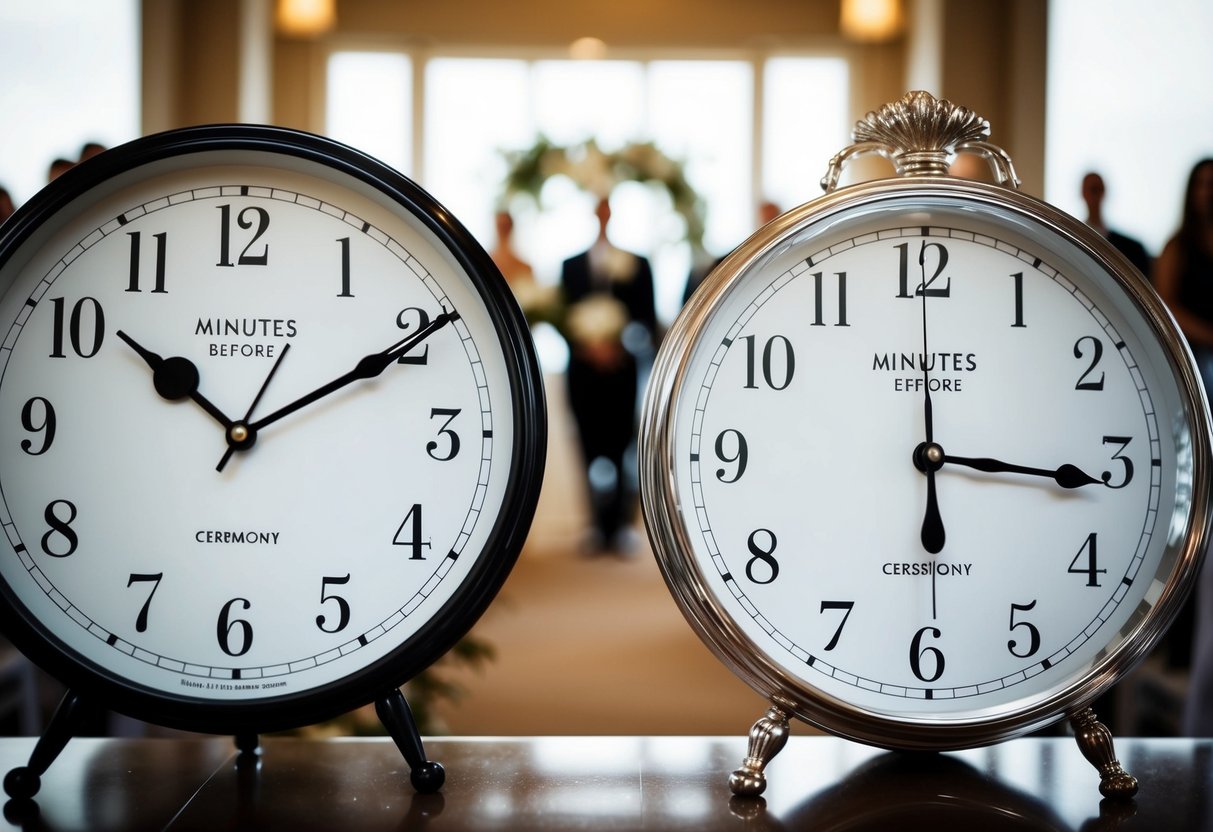 A clock showing 30 minutes before a wedding ceremony, followed by another clock showing 5 minutes before the ceremony, with a sense of anticipation and excitement in the air