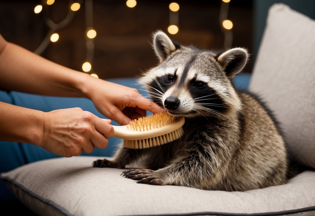 A raccoon sits on a cozy cushion, being gently brushed with a soft, bristled brush. Its eyes are closed in contentment as it enjoys the attention