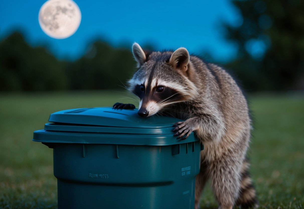 A raccoon rummages through a trash can under the moonlight