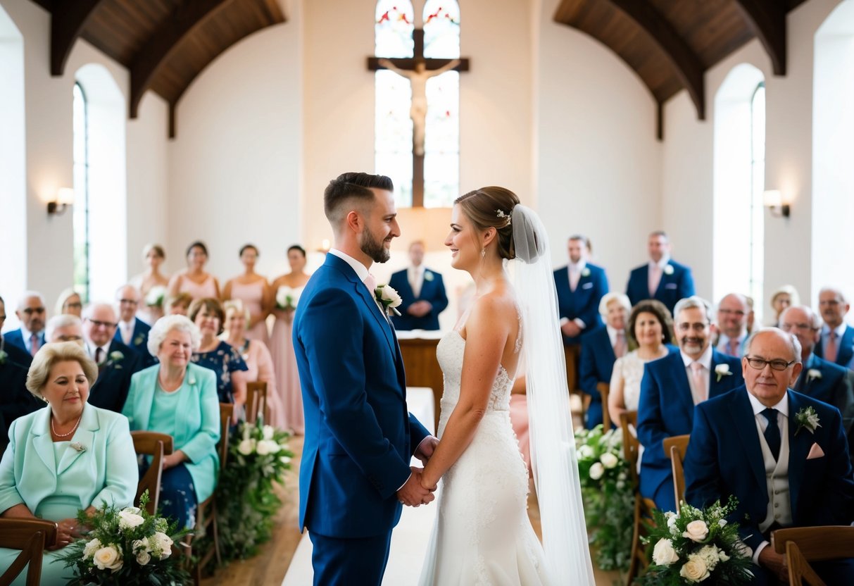 A bride and groom standing at the altar with guests of various ages seated in the background