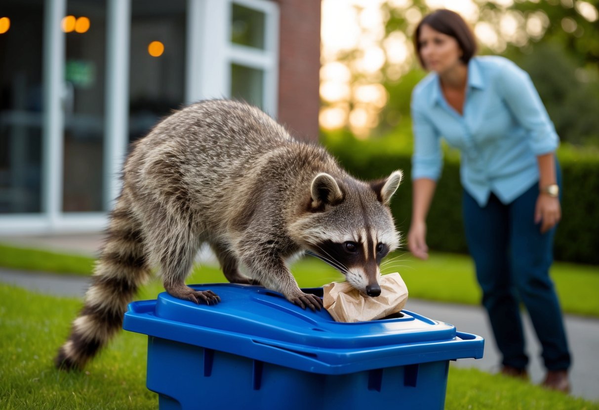 A raccoon rummages through a garbage can while a person watches from a distance, unsure of how to handle the situation