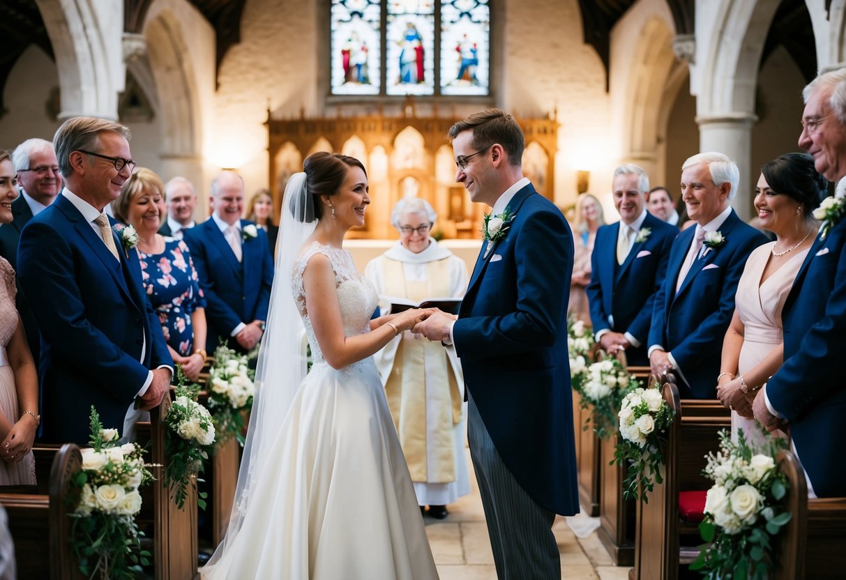 A traditional English wedding with a bride and groom exchanging vows in a historic church surrounded by family and friends
