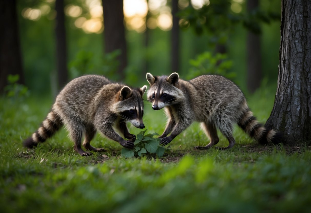 A raccoon family foraging in a lush forest at dusk