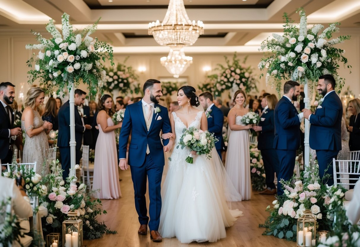 A bustling wedding venue with couples and planners, surrounded by floral arrangements and elegant decor, capturing the essence of love and celebration
