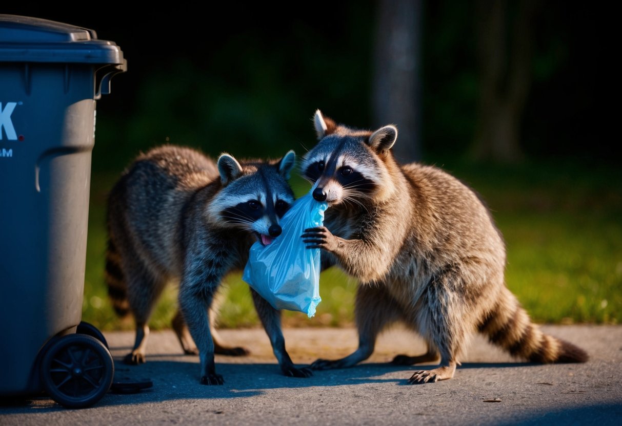 A family of raccoons rummaging through a garbage can at night, with one of them holding a torn trash bag in its mouth