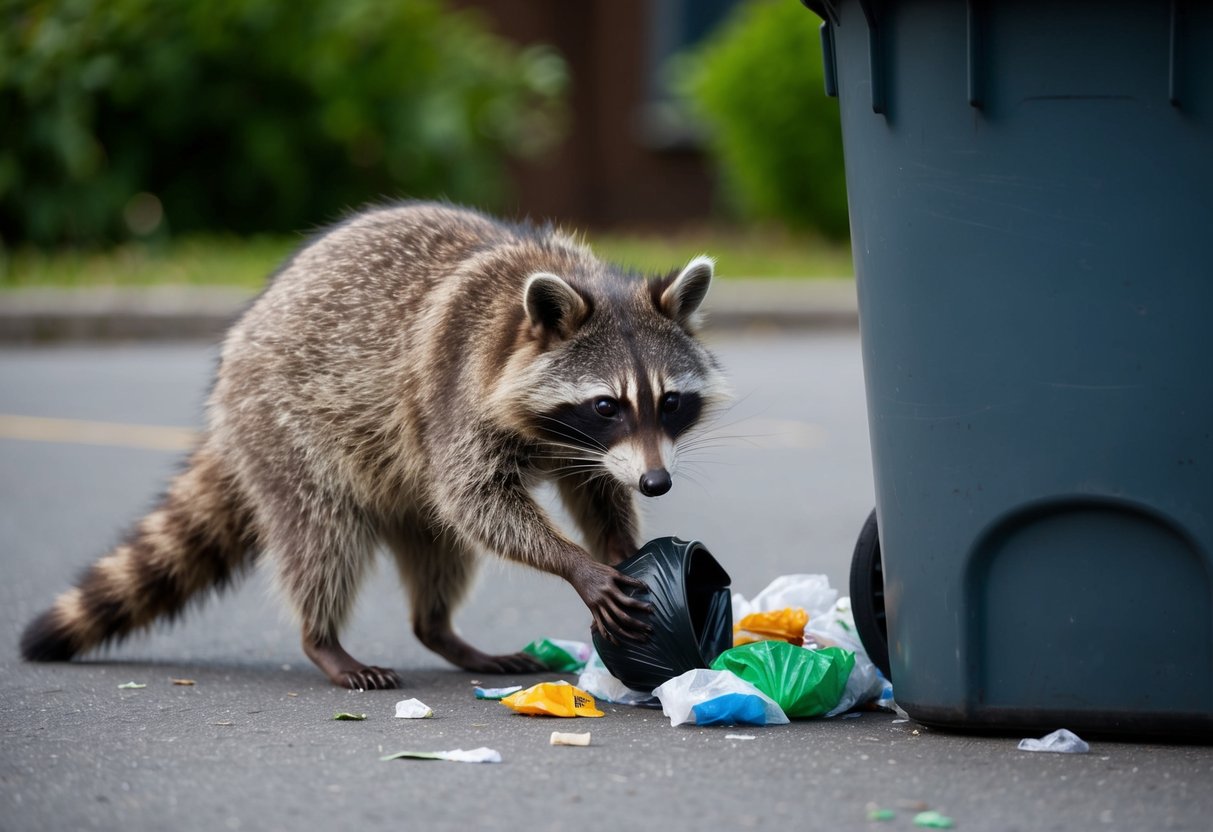 A raccoon rummages through a trash can, scattering garbage on the ground