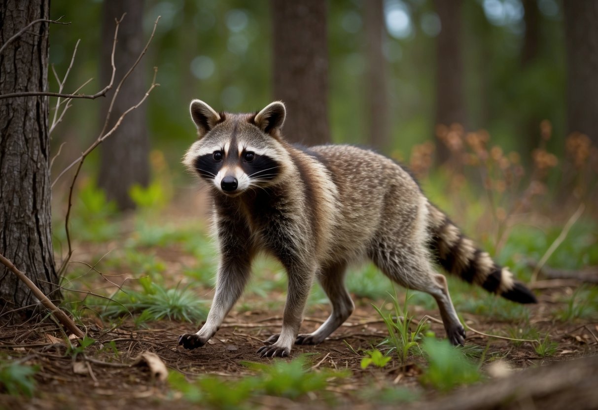 A raccoon dog roams through a forest, surrounded by native wildlife