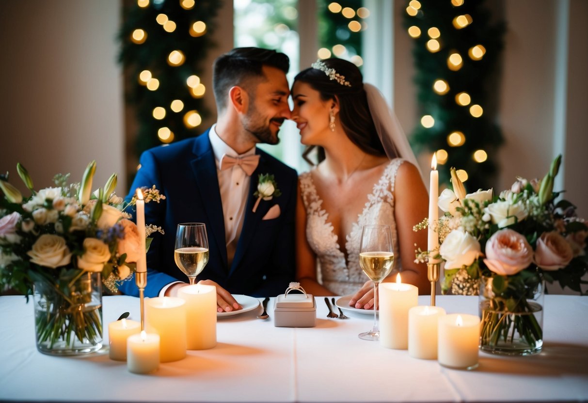 A couple sitting at a table, surrounded by candles and flowers, with a ring box on the table