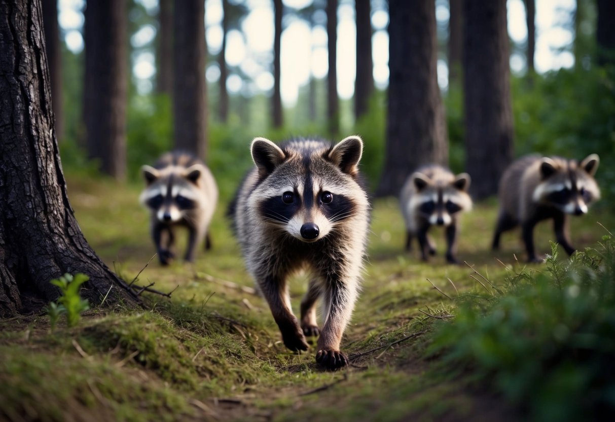 A raccoon dog emerges from a dense forest, its curious gaze fixed on a new territory. Other raccoon dogs follow, spreading across the landscape
