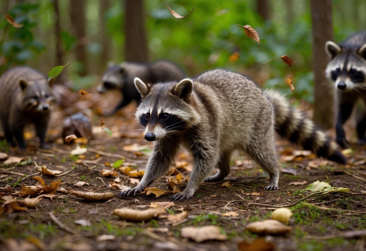 A raccoon rummages through a forest floor, scattering leaves and foraging for food. Nearby, small animals scatter, while larger creatures keep a wary eye on the masked bandit