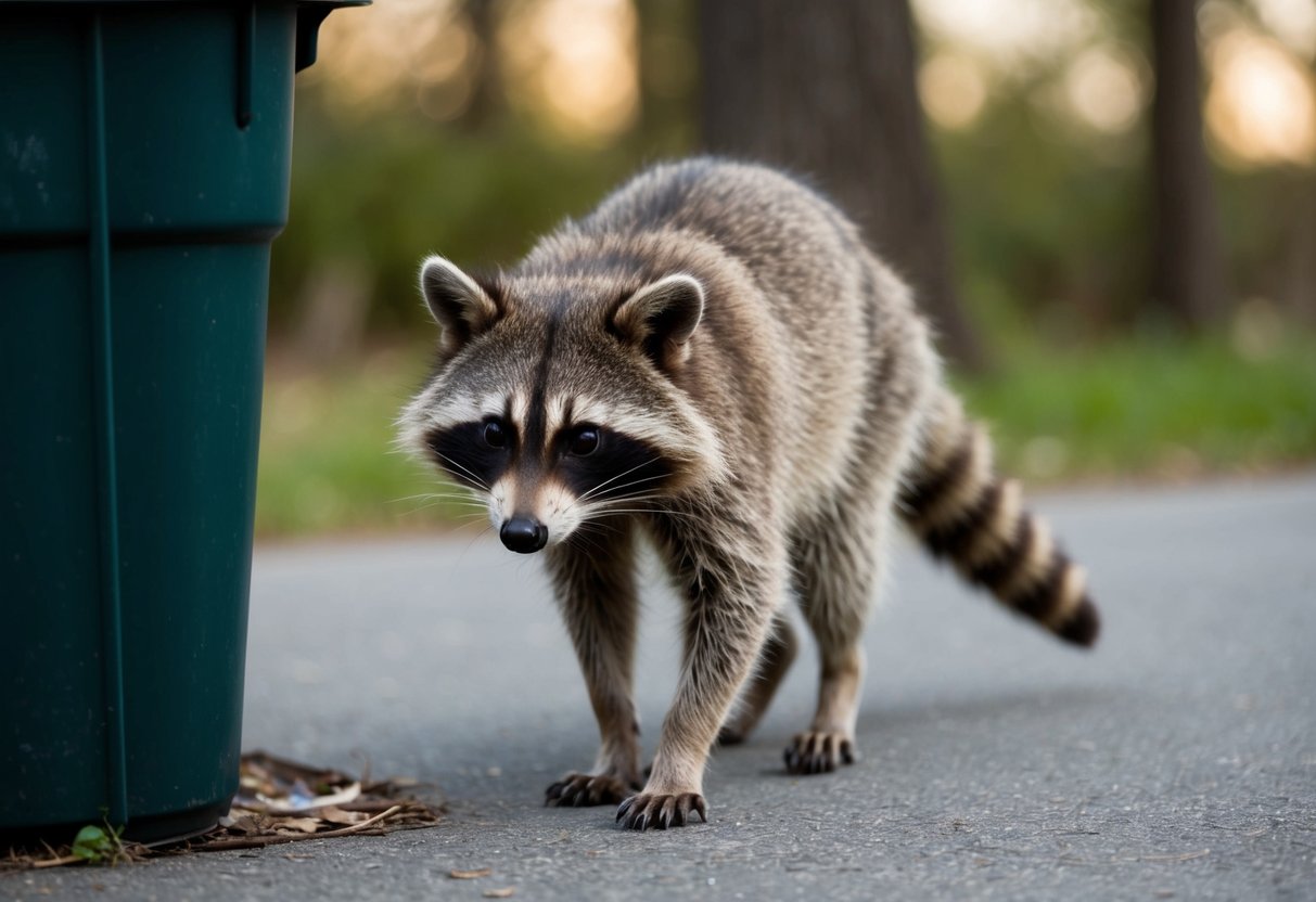 A raccoon cautiously approaches a trash can, its mask-like face and ringed tail clearly visible