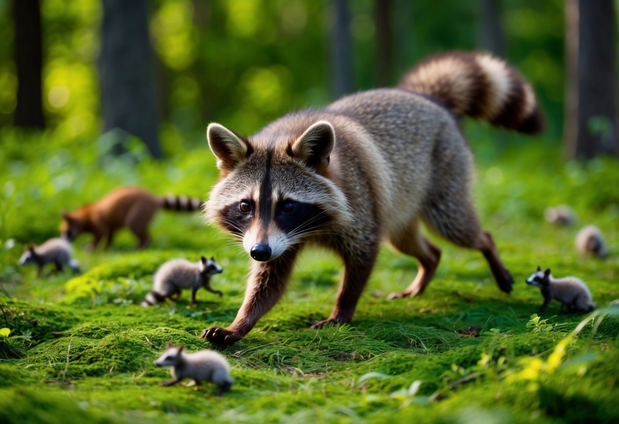 A raccoon dog prowls through a lush forest, disrupting the natural balance of the ecosystem. Native species scatter in its wake, highlighting the invasive impact of this creature