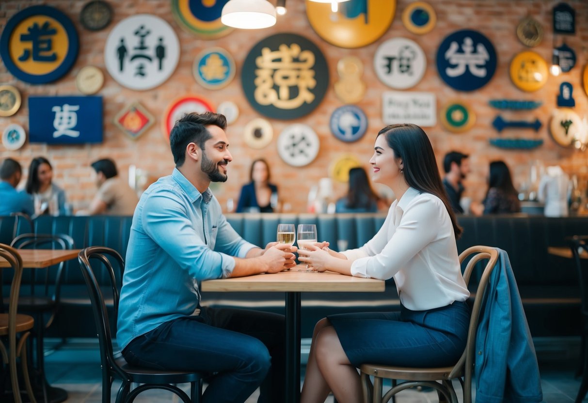 A couple sitting at a cafe, surrounded by diverse cultural symbols and societal influences, discussing the duration of dating before marriage