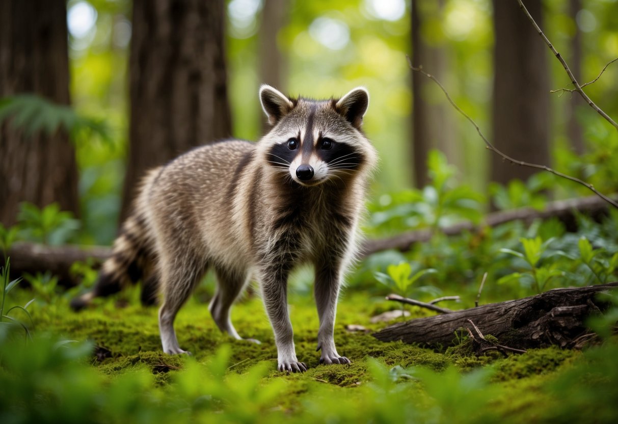 A raccoon dog standing in a lush forest, surrounded by native wildlife