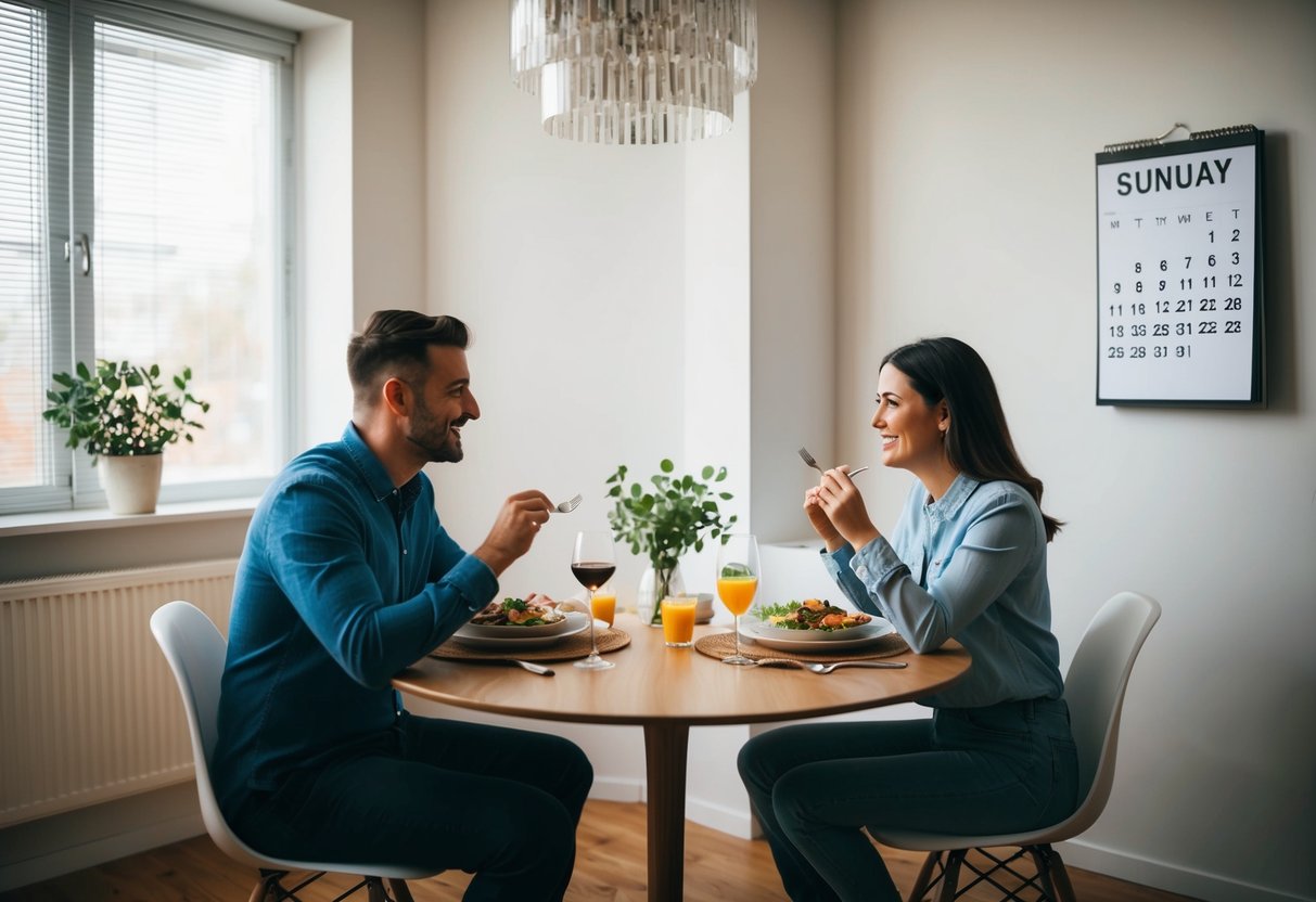 A couple sitting at a table, sharing a meal and conversation, with a calendar on the wall showing the passage of time