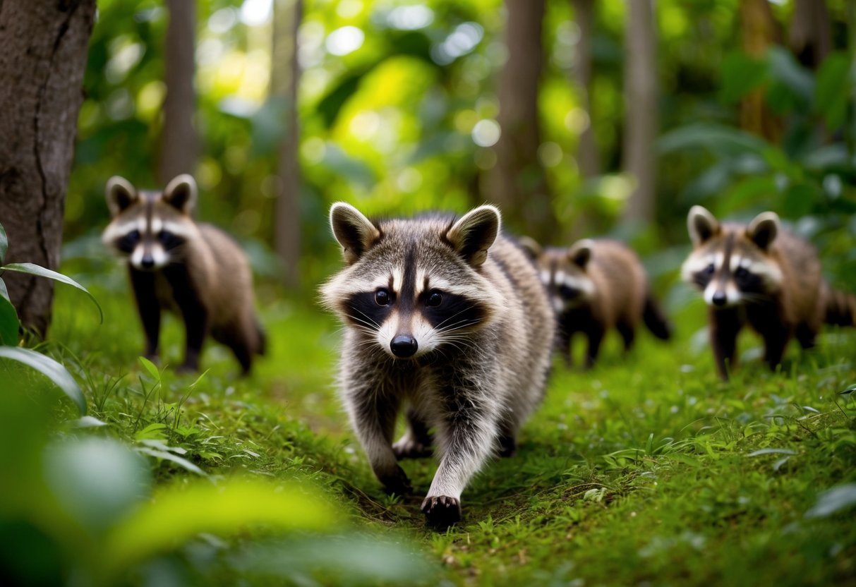 A raccoon dog sneaking through a lush forest, while native animals watch cautiously
