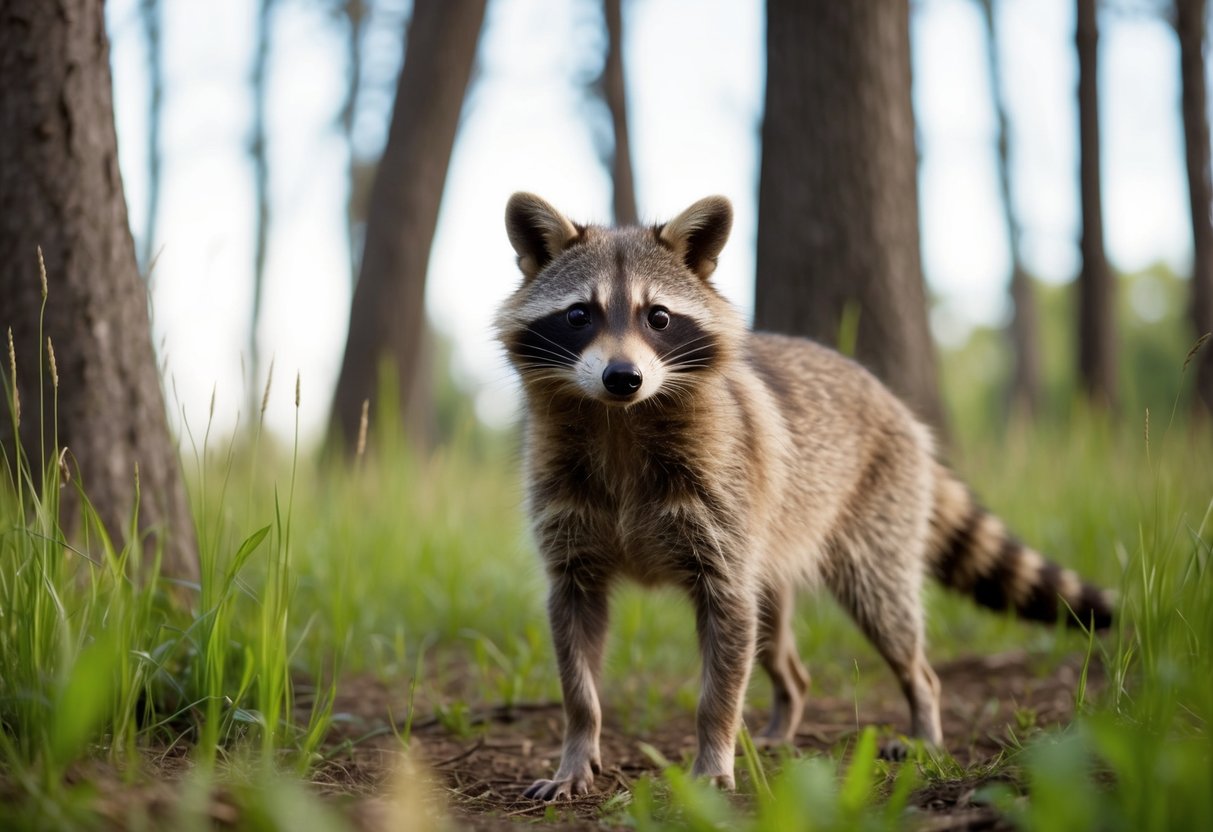 A raccoon dog standing in a forest clearing, surrounded by tall grass and trees, with a curious expression on its face