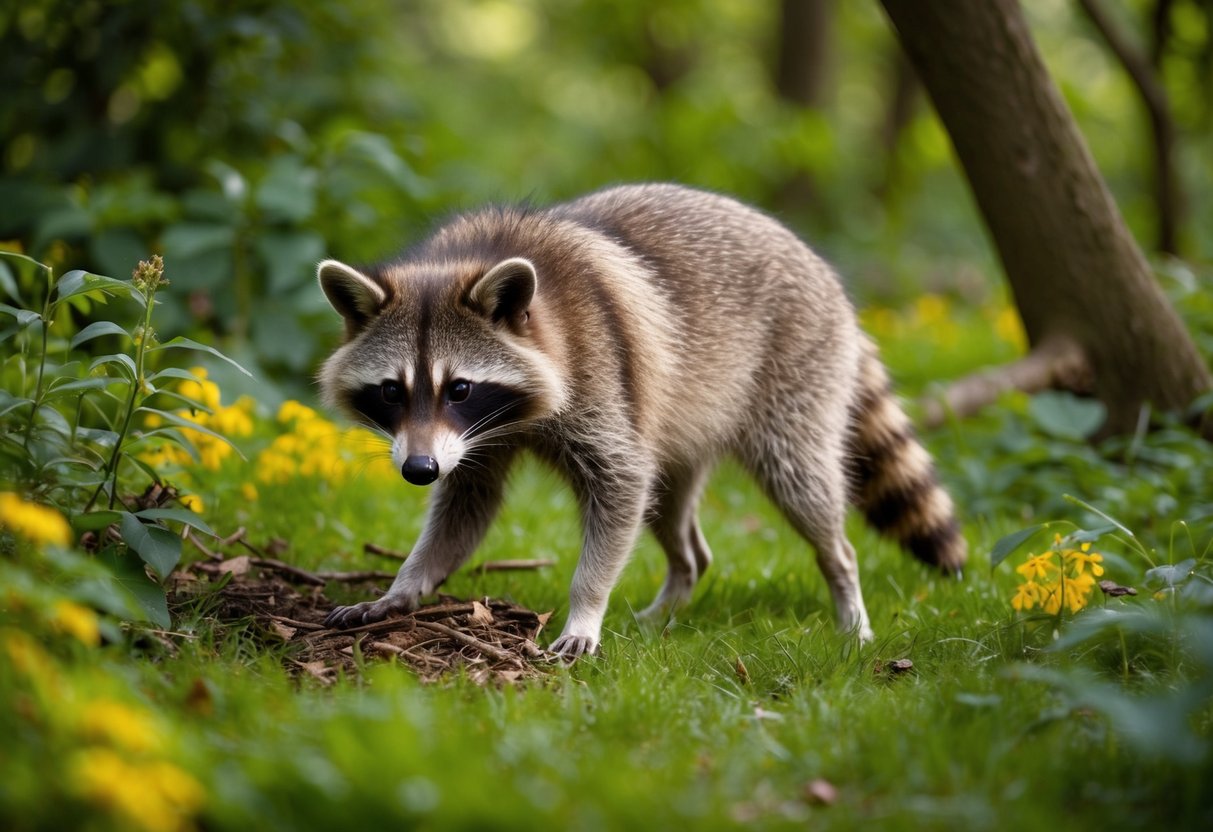A raccoon dog forages for food in a lush English woodland, surrounded by native flora and fauna