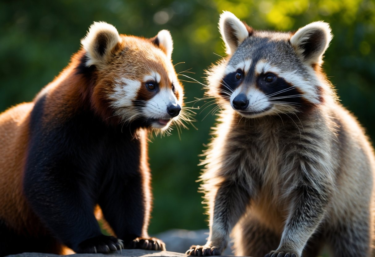 A red panda and a raccoon stand side by side, their similar features evident as they gaze curiously at each other