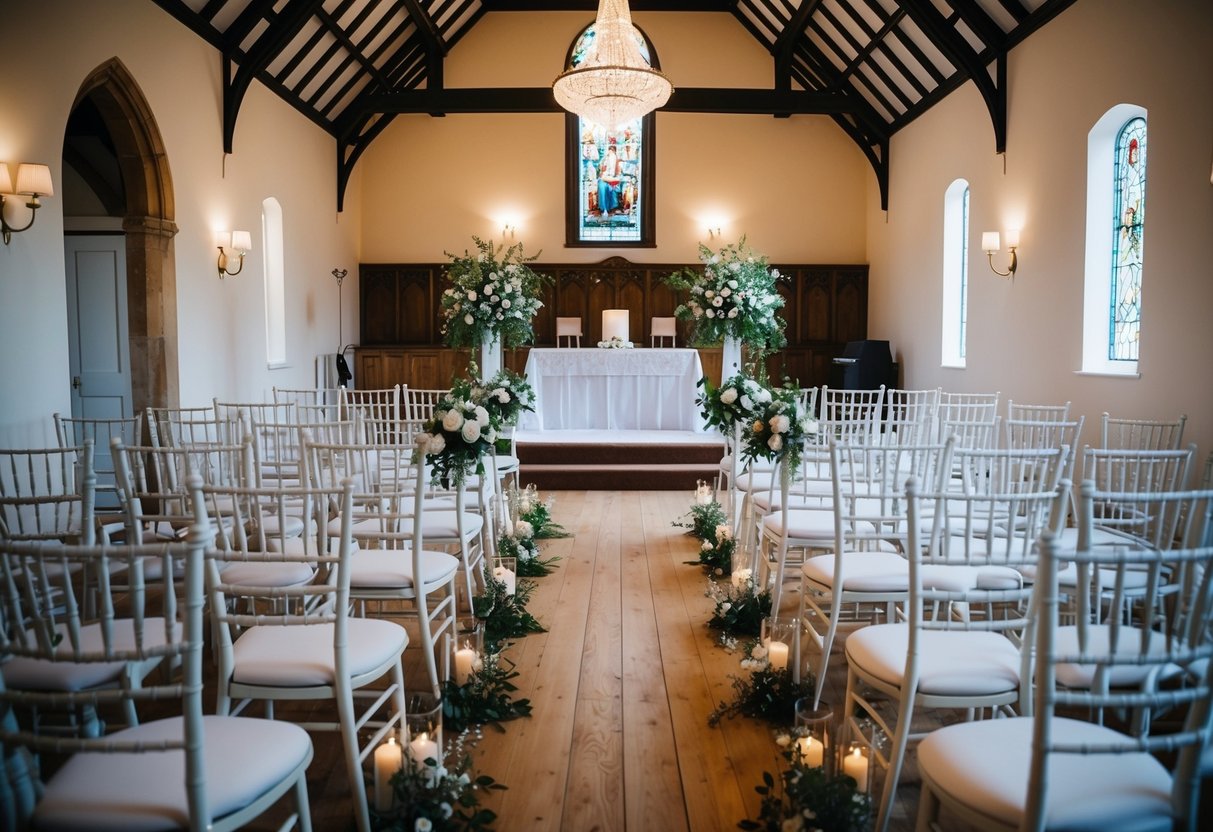 A wedding venue in the UK with a decorated altar, rows of chairs, and floral arrangements