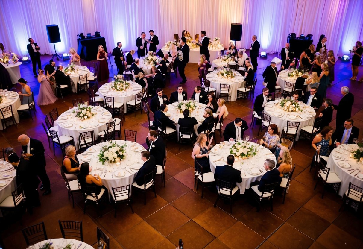 A bustling wedding reception with tables of varying sizes and decorations, a dance floor, and guests mingling and celebrating
