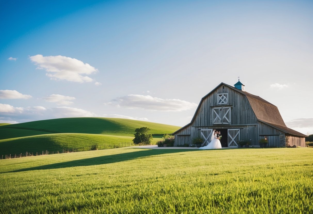 A picturesque countryside wedding with a charming vintage barn, rolling green hills, and a clear blue sky