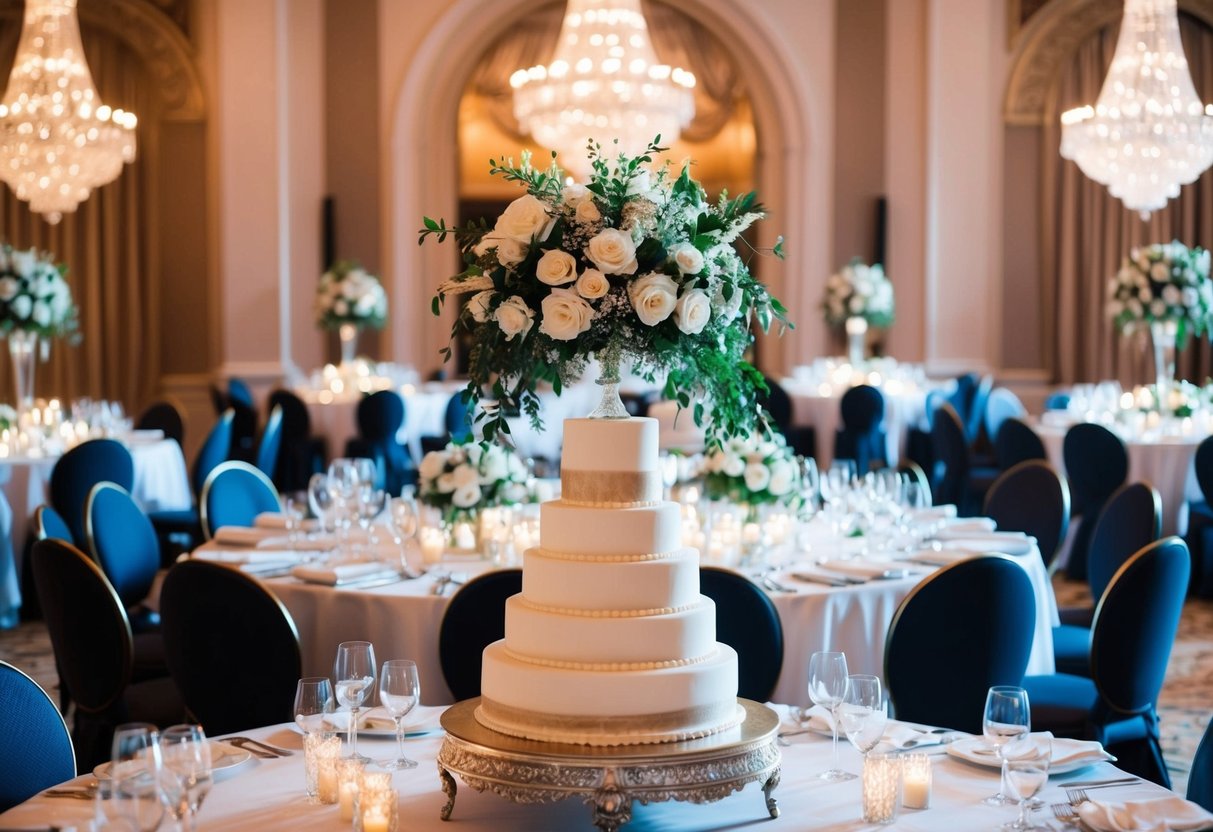 A lavish wedding reception with a grand banquet table, elegant floral centerpieces, and a tiered wedding cake