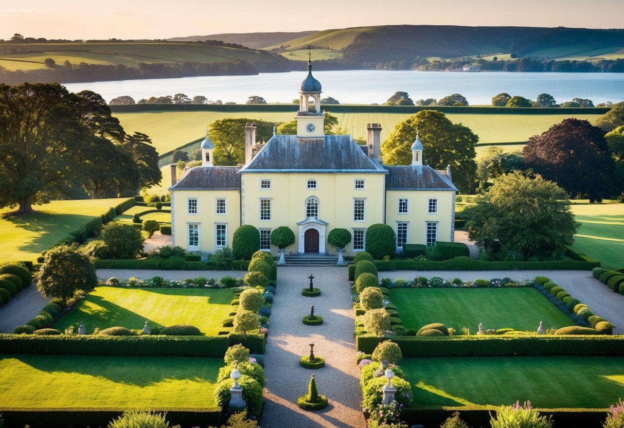 A picturesque countryside estate with a grand manor, lush gardens, and a charming chapel, all set against a backdrop of rolling hills and a serene lake