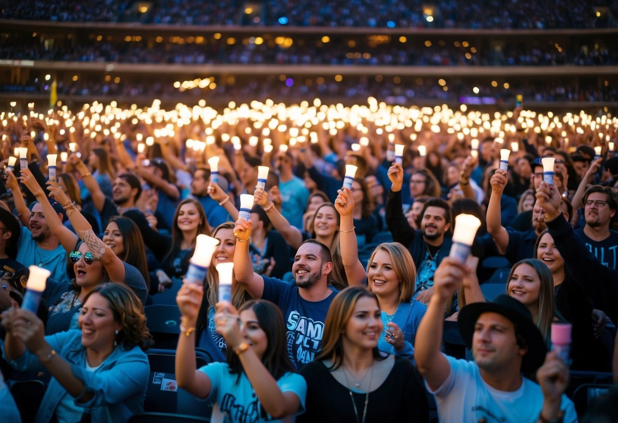 A crowded stadium, with thousands of fans holding up lighters and swaying to the music, as the band performs the best-selling song of all time